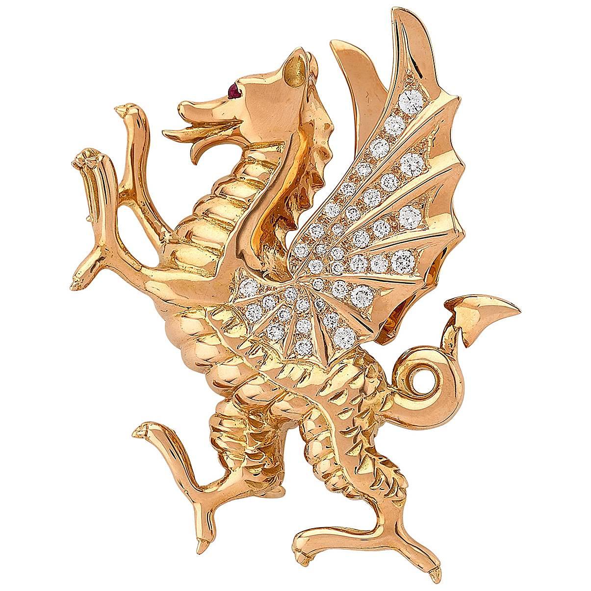 E Wolfe Diamond Ruby Gold Welsh Dragon Brooch For Sale