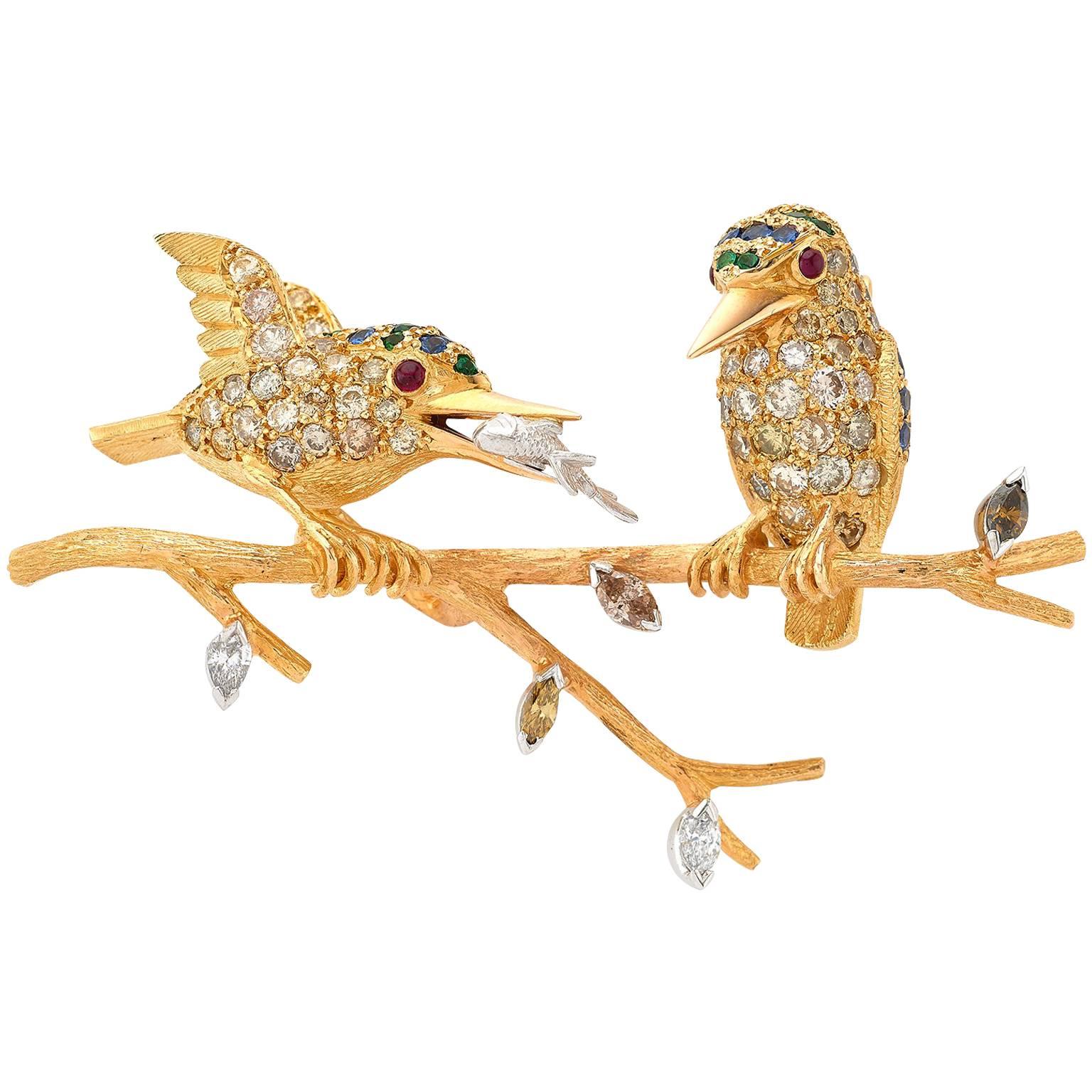 E Wolfe Sapphire Diamond Tsavorite Ruby Gold Kingfisher Birds on a Branch Pin For Sale