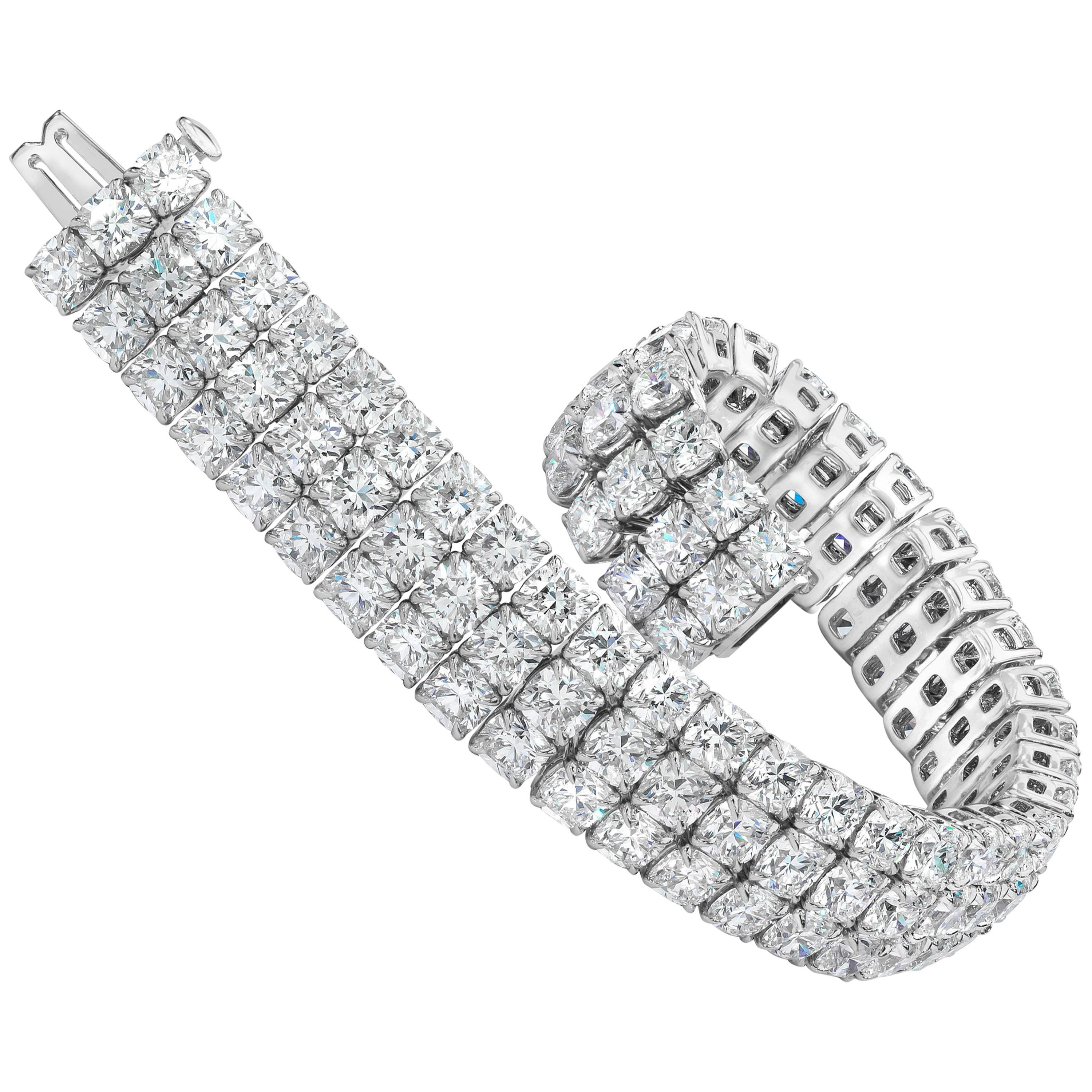 Roman Malakov 44.30 Carat Total Cushion Cut Diamond Three-Row Tennis Bracelet For Sale