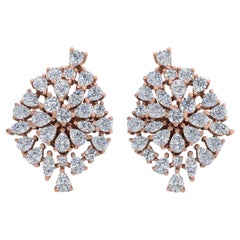Orecchini a grappolo con diamanti multipli da 4,2 carati reali e taglio brillante in oro rosa 14 carati