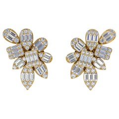 Round Baguette 1.1 Carat SI/H Diamond Earrings 14 Karat Yellow Gold Fine Jewelry