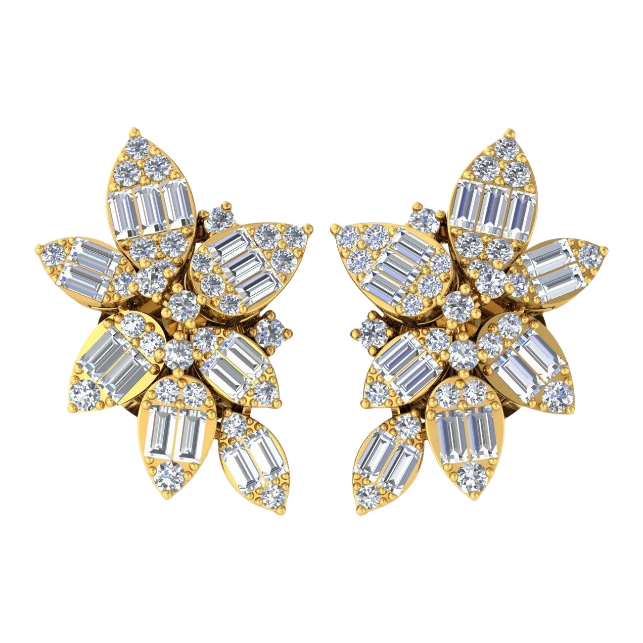 Pendientes florales de oro amarillo de 14 quilates con diamantes talla baguette redondos de 0,95 quilates SI/H