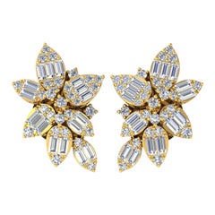Orecchini floreali in oro giallo 14 carati con diamante tondo taglio baguette da 0,95 carati SI/H