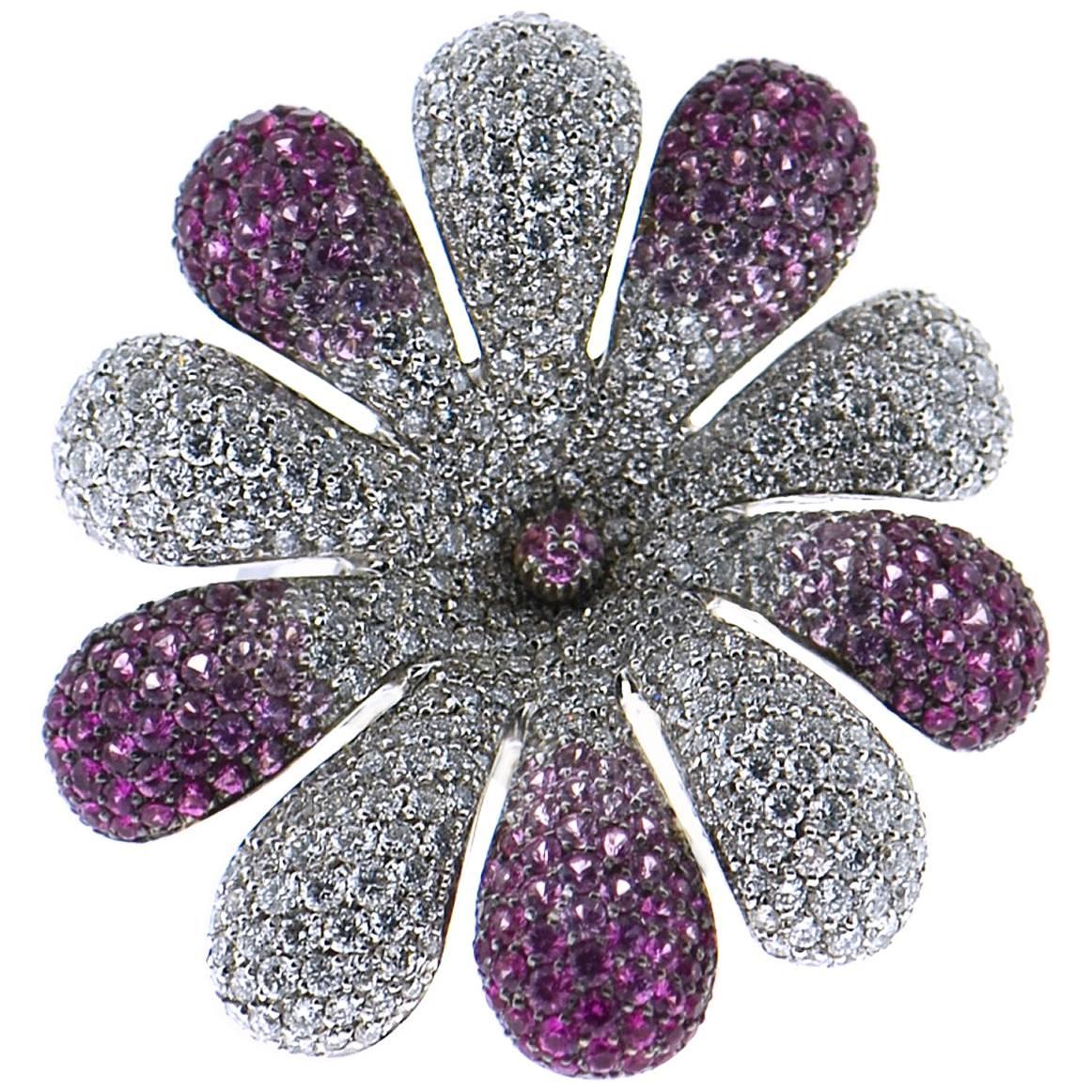 Palmiero Diamond and Pink Sapphires 18 Karat White Gold Flower Ring