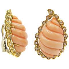 Fluted Coral Gold Diamond Ear Clips 9
