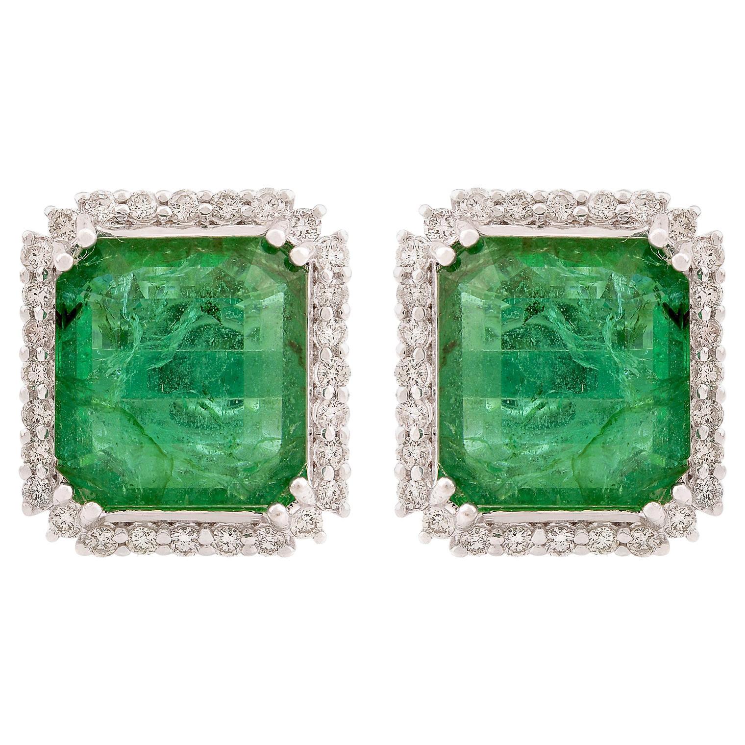 Natural Zambian Emerald Stud Earrings SI/HI Diamond 14 Karat White Gold Jewelry