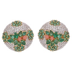 Spectrum Jewels Orecchini di corallo e smeraldo con diamante in oro giallo bianco 14 carati