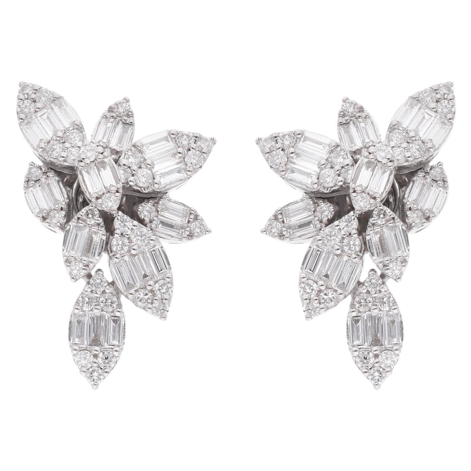 Natural 1.06 Carat Baguette & Round Diamond Earrings 14 Karat White Gold Jewelry