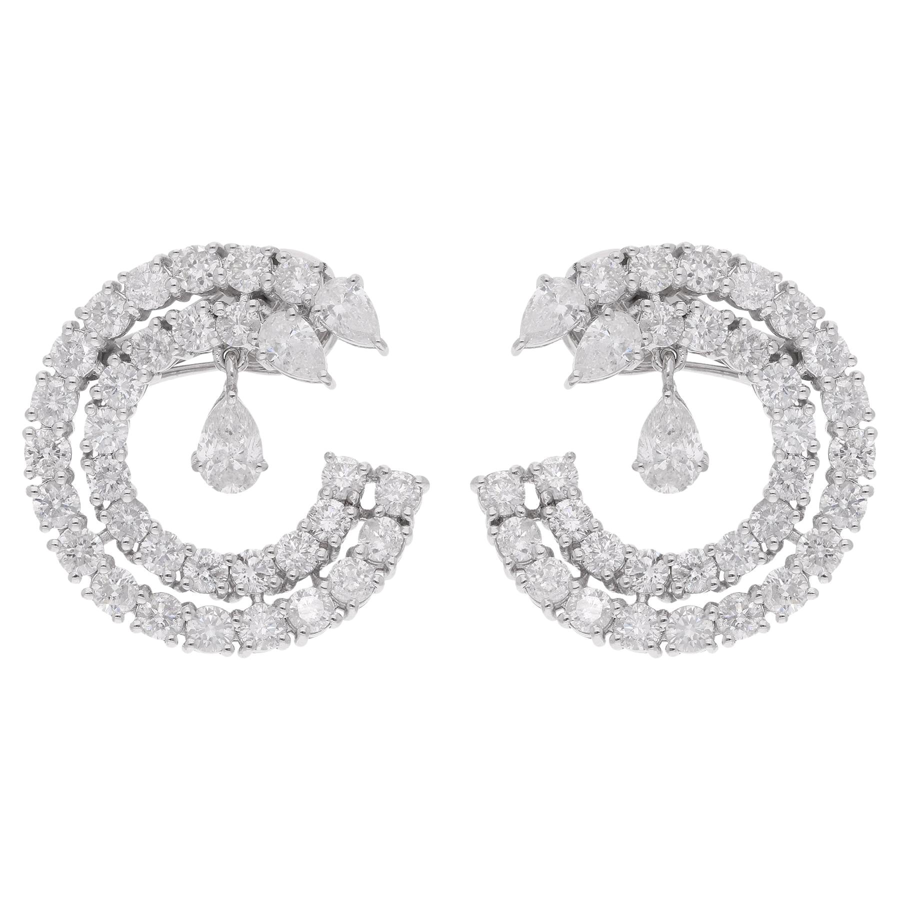 5.21 Carat Pear & Round Diamond Earrings 14 Karat White Gold Handmade Jewelry