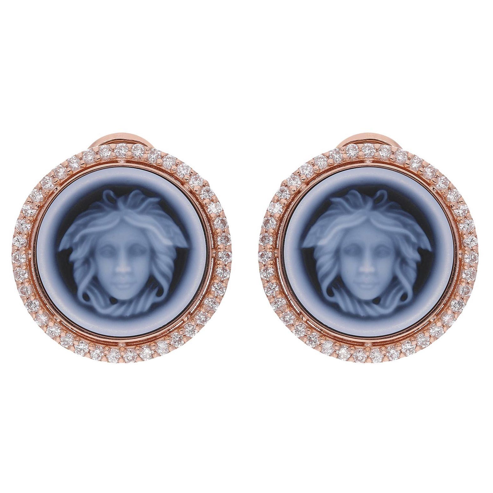 Fancy Black Onyx Gemstone Medusa Head Earrings Diamond Pave 14 Karat Rose Gold For Sale