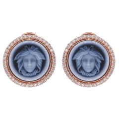 Orecchini con gemma di onice nera fantasia Testa di Medusa Pave di diamanti Oro rosa 14 carati