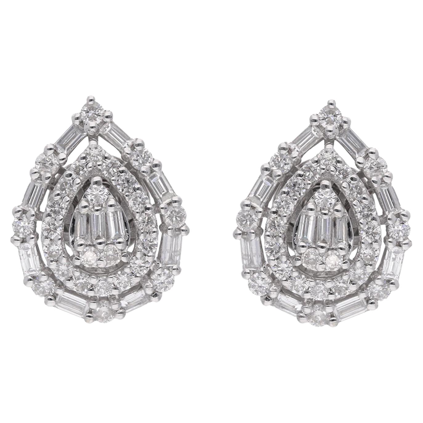 1.31 Carat Baguette Round Diamond Pear Shape Stud Earrings 14 Karat White Gold