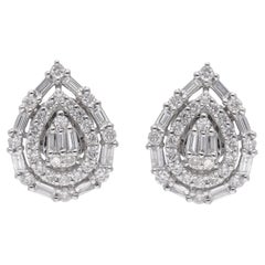 1.31 Carat Baguette Round Diamond Pear Shape Stud Earrings 14 Karat White Gold