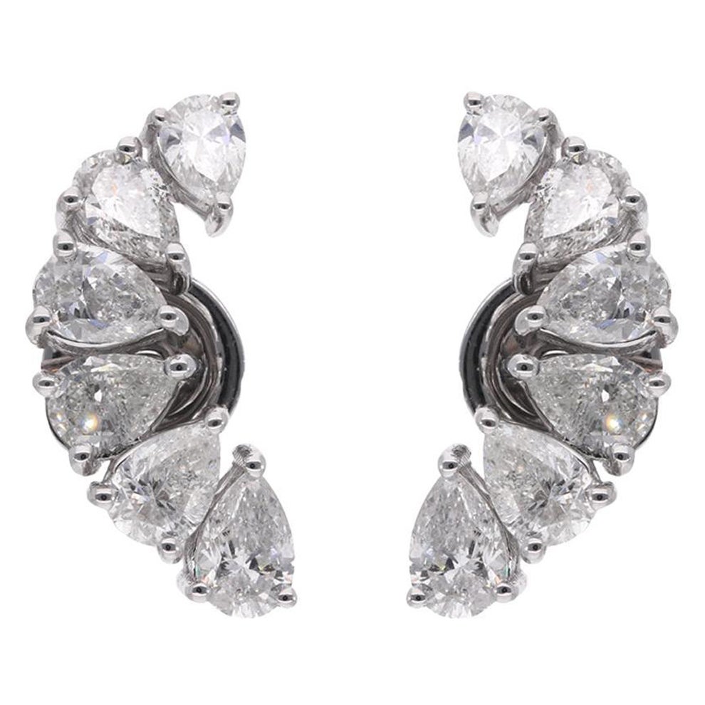 Real Pear Diamond Moon Design Stud Earrings 14 Karat White Gold Handmade Jewelry For Sale