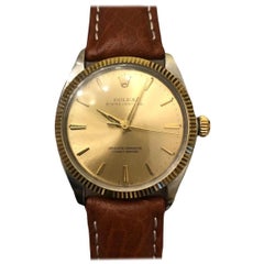 Rolex Oyster Perpetual 34mm 14k Gelbgold geriffeltes Leder mit geriffelter Lünette
