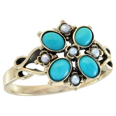 Turquoise and  Pearl Vintage Style Floral Cluster Ring in Solid 9K Gold