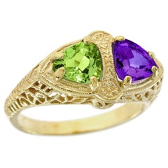 Amethyst and Peridot Vintage Style Two Stone Ring 9K Gold