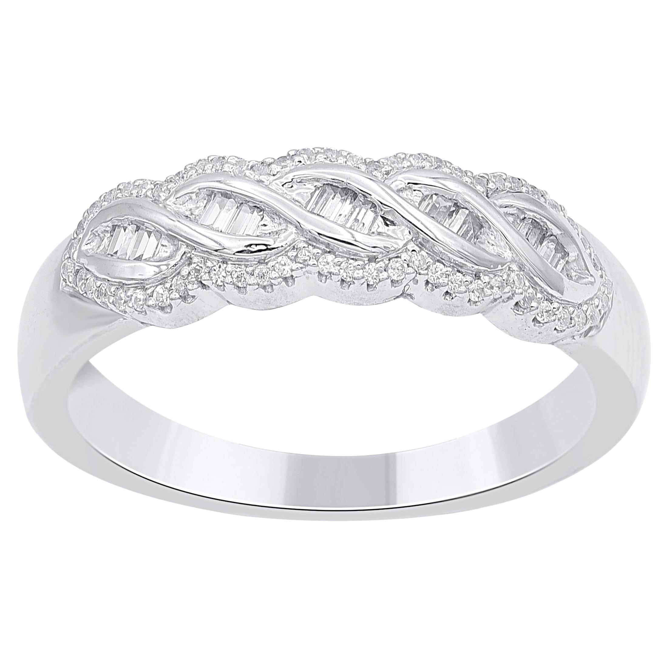 TJD 0.20 Carat Natural Round & Baguette Diamond 14 Karat Gold Wedding Band Ring