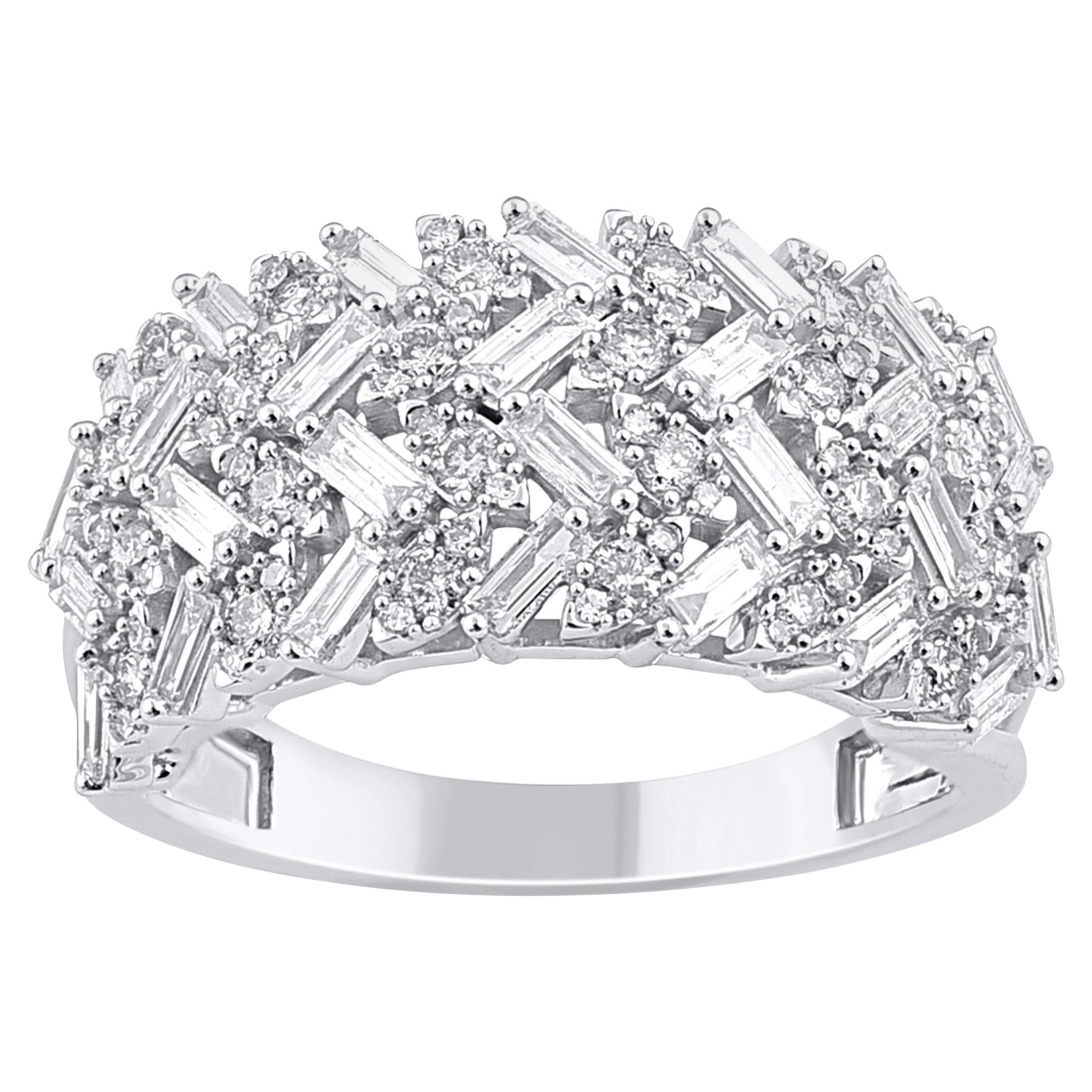 TJD 1.0 Carat Natural Baguette & Round Diamond 14 Karat Gold Multi-Row Band Ring