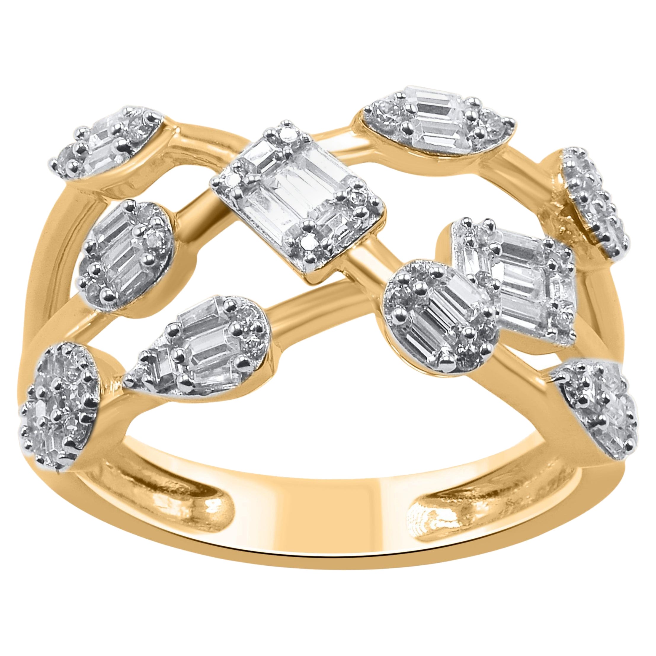 TJD 0.50 Carat Round Cut Diamond 14 Karat Yellow Gold Crossover Wedding Ring For Sale