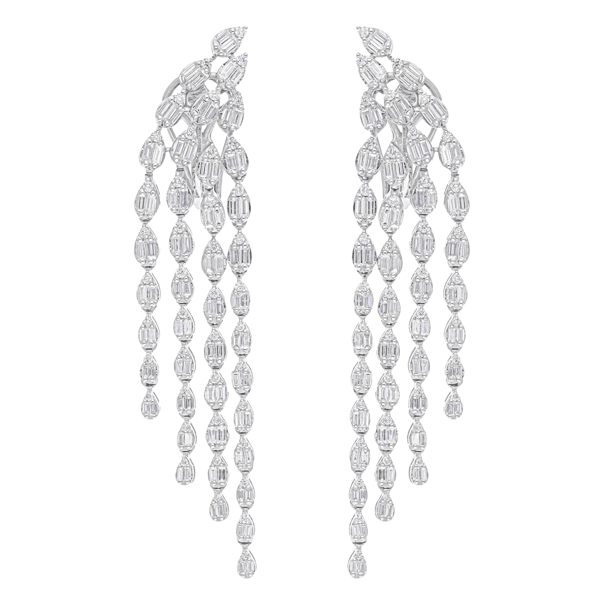 2.48 Carat SI/H Baguette Round Diamond Chandelier Earrings 14 Karat White Gold