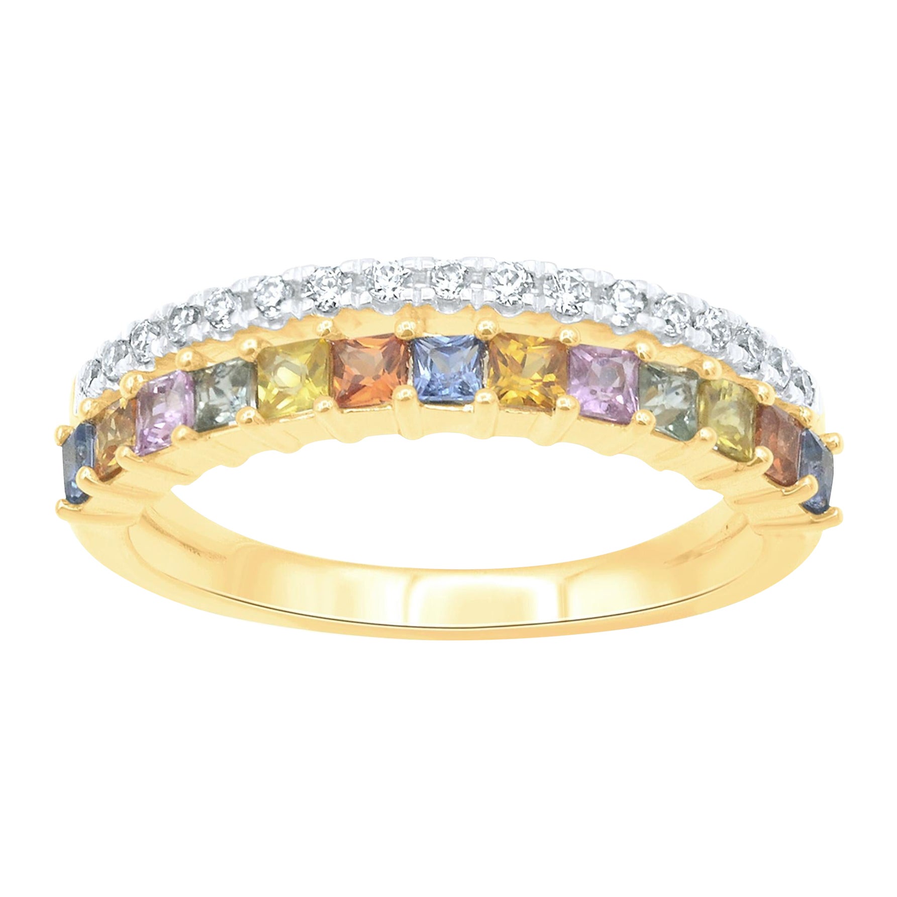 TJD 0.80 Carat Natural Multi Sapphire & Diamond 14Karat Gold Stackable Band Ring For Sale