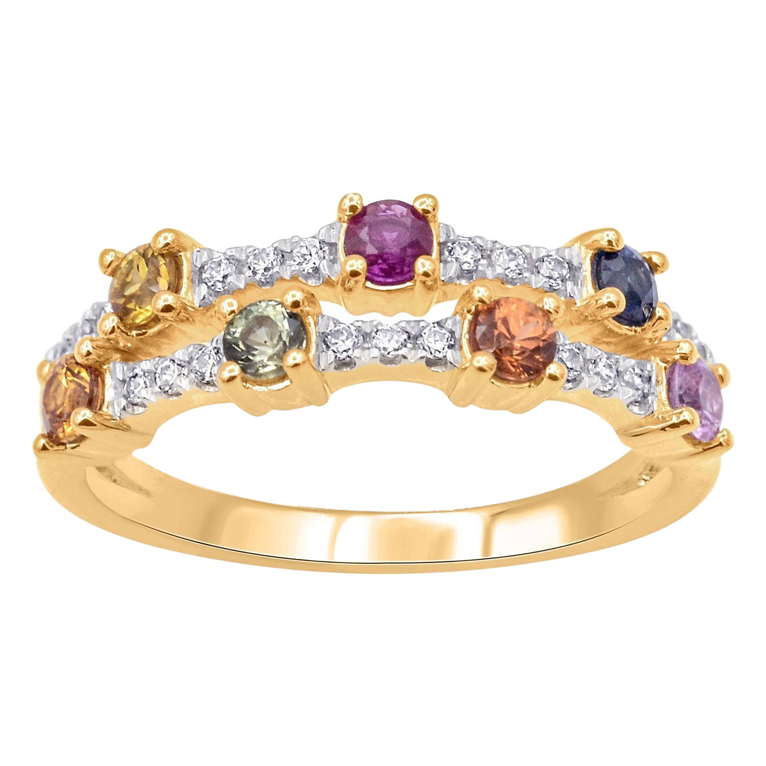 TJD Anillo de oro de 14 quilates con multizafiro natural de 0,90 quilates, rubí y diamante