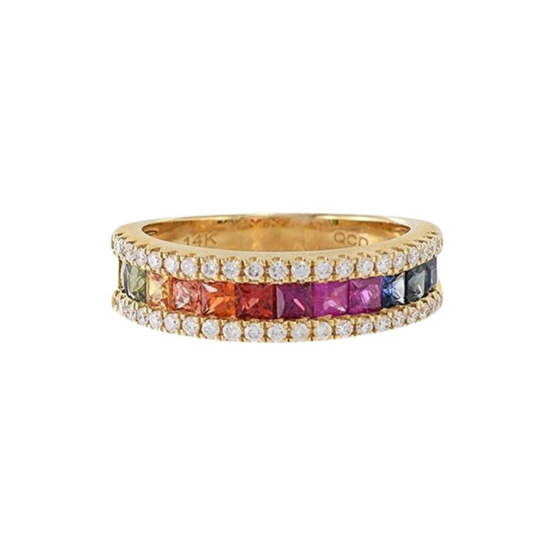 14KT Yellow Gold Multi Colored Sapphire And Diamond Band