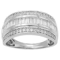 TJD 0,75 Karat runder und Baguette-Diamant 14K Weißgold Dreireihiger Ehering