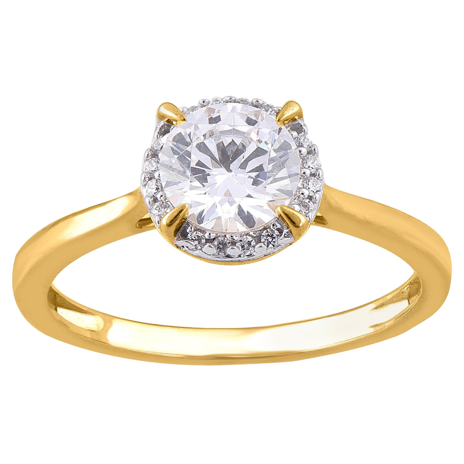 TJD 1.00 Karat Runder Diamant 18 Karat Gelbgold Halo Verlobungsring im Angebot
