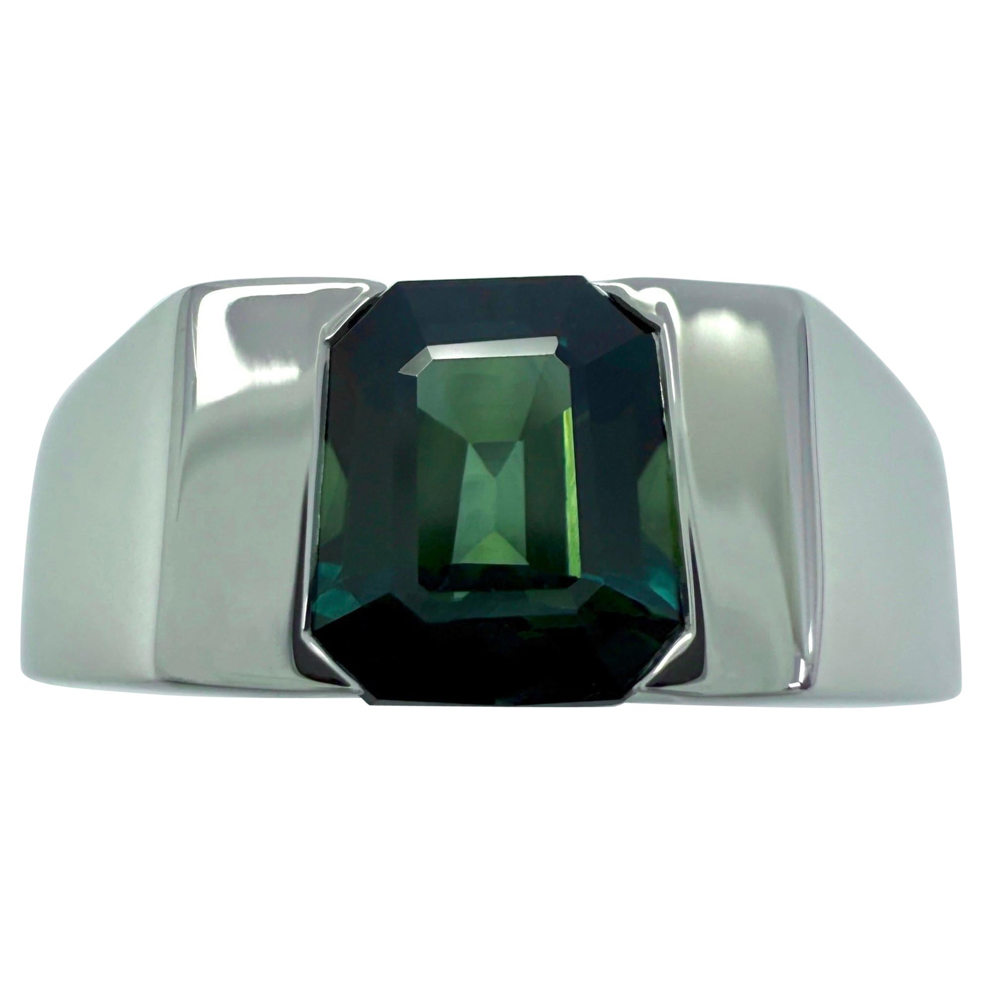 IGI Certified 1.48ct Blue Green No Heat Sapphire Fancy Platinum Signet Band Ring