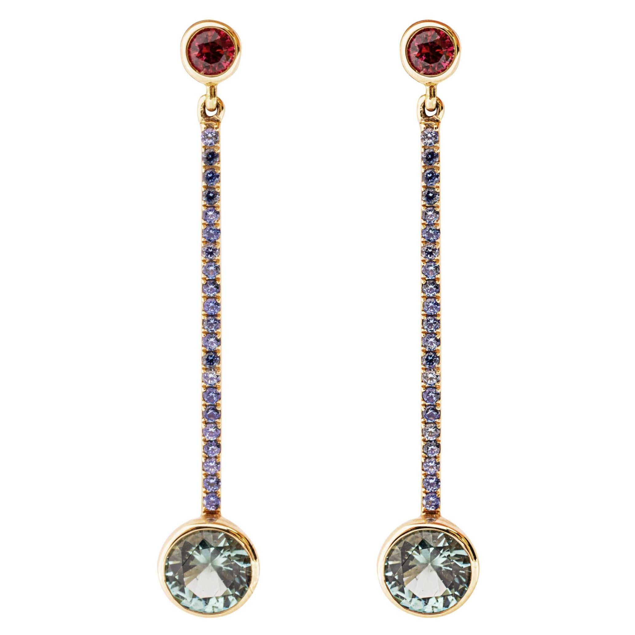 Alex Jona Blue Sapphire Red Spinel Blue Tourmaline 18 Karat Yellow Gold Earrings For Sale
