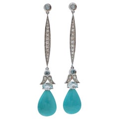 Boucles d'oreilles en or blanc 14 carats, topaze de couleur aigue-marine, turquoise, diamants