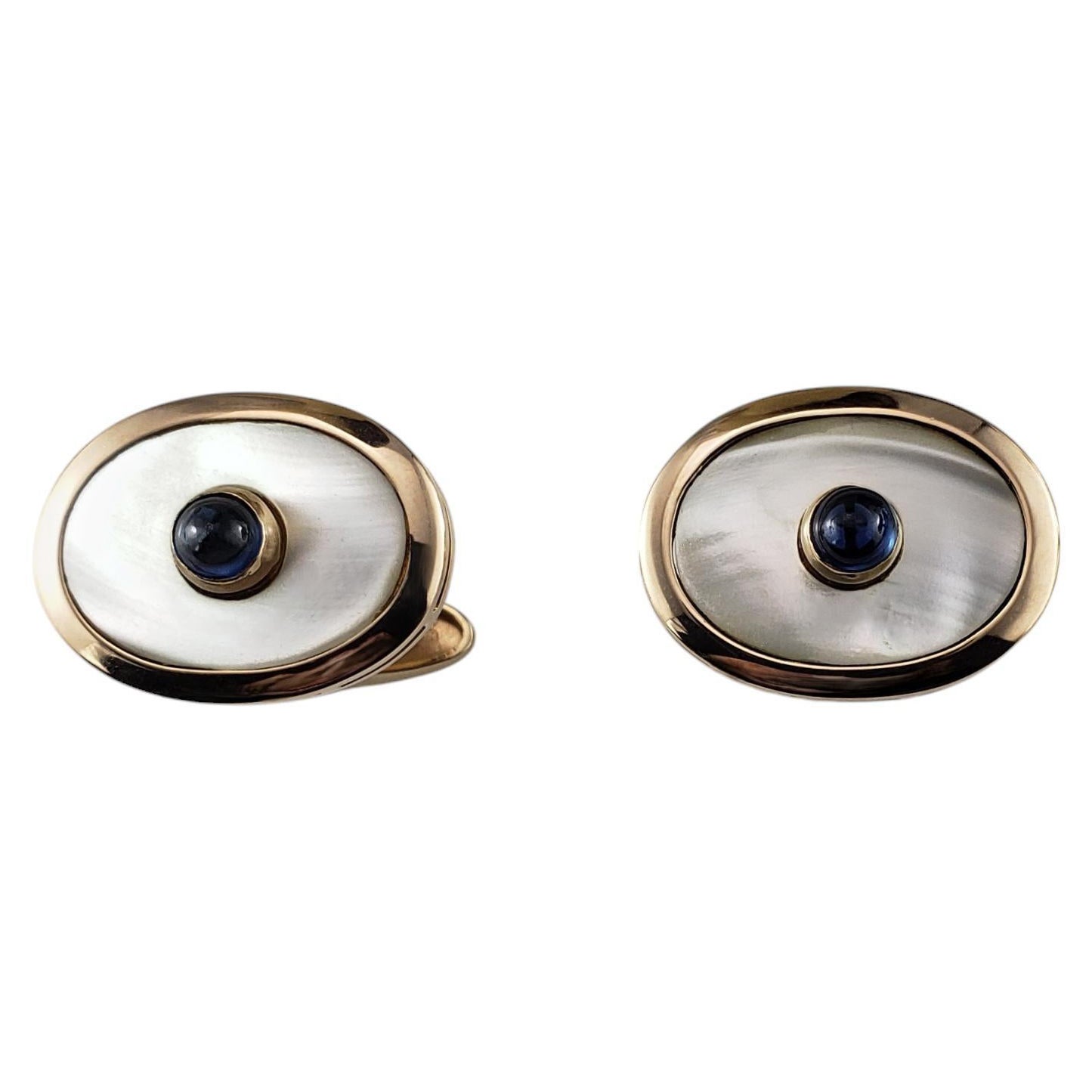14 Karat Yellow Gold Mother of Pearl and Sapphire Cufflinks #19910 For Sale
