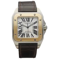  Cartier Yellow Gold Stainless Steel Santos White Dial Automatic Wristwatch 