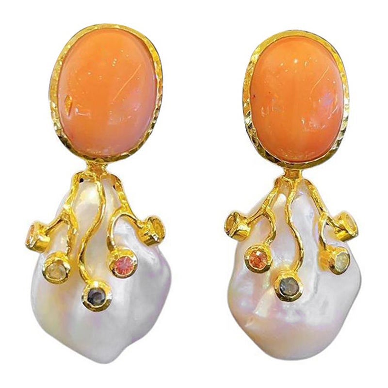 Bochic “Capri” Coral and Fancy Color Sapphire Earrings Set In 18K Gold & Silver For Sale