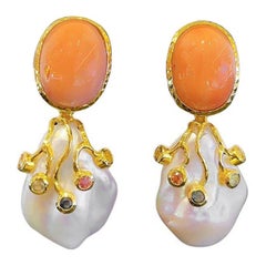 Bochic “Capri” Coral and Fancy Color Sapphire Earrings Set In 18K Gold & Silver