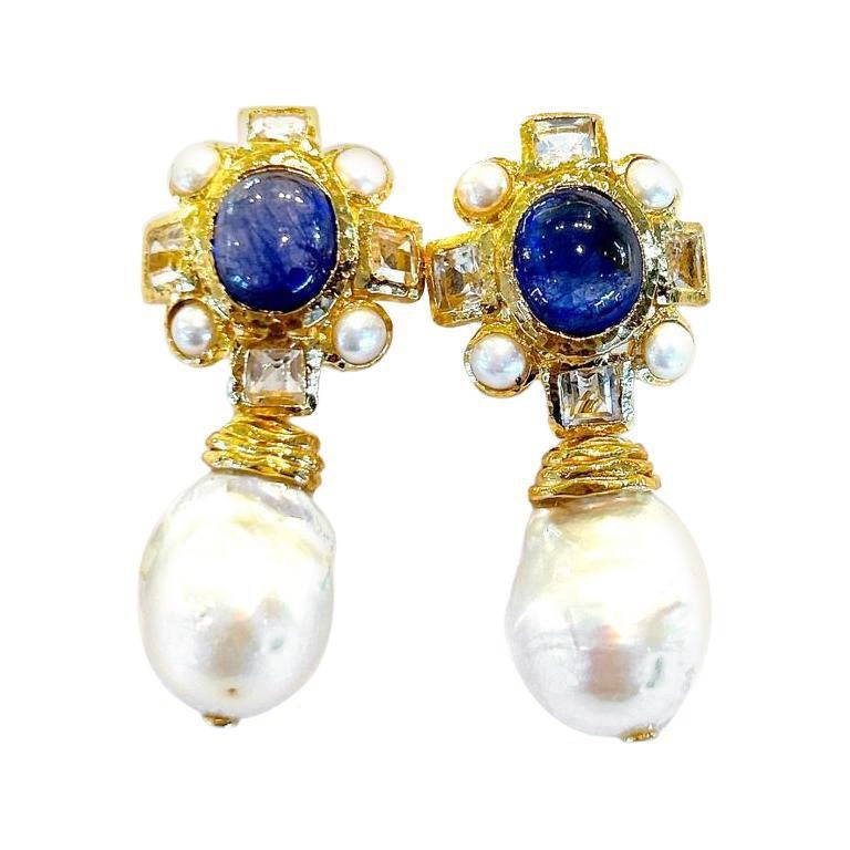 Pendientes Bochic "Capri" Clásicos, Zafiro, Topacio y Perla, engastados en oro de 18 quilates y plata