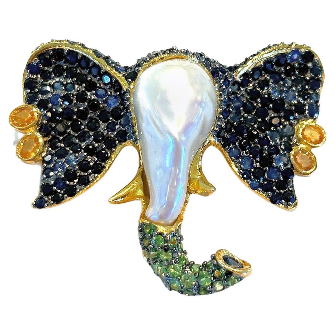 Bochic “Orient” Elephant Brooch, Sapphire, Emerald & Set In 18K Gold & Silver
