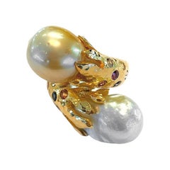 Anillo Bochic "Orient" Barroco Perla y Zafiros Múltiples Engastado en Oro de 18 K y Plata