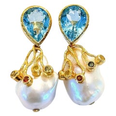Bochic “Capri” London Topaz & Sapphire Earrings Set In 18K Gold & Silver