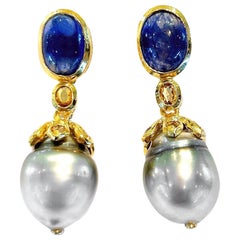 Bochic “Capri” Rose Cut Sapphires & Pearl Earrings Set In 18K Gold & Silver