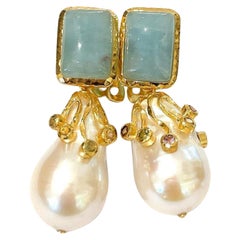 Bochic “Capri” Aquamarine & Sapphire, Pearl Earrings Set In 18K Gold & Silver
