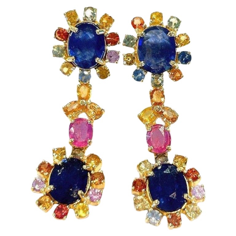 Bochic “Capri” Blue & Multi Sapphire & Ruby Earrings Set In 18K Gold & Silver