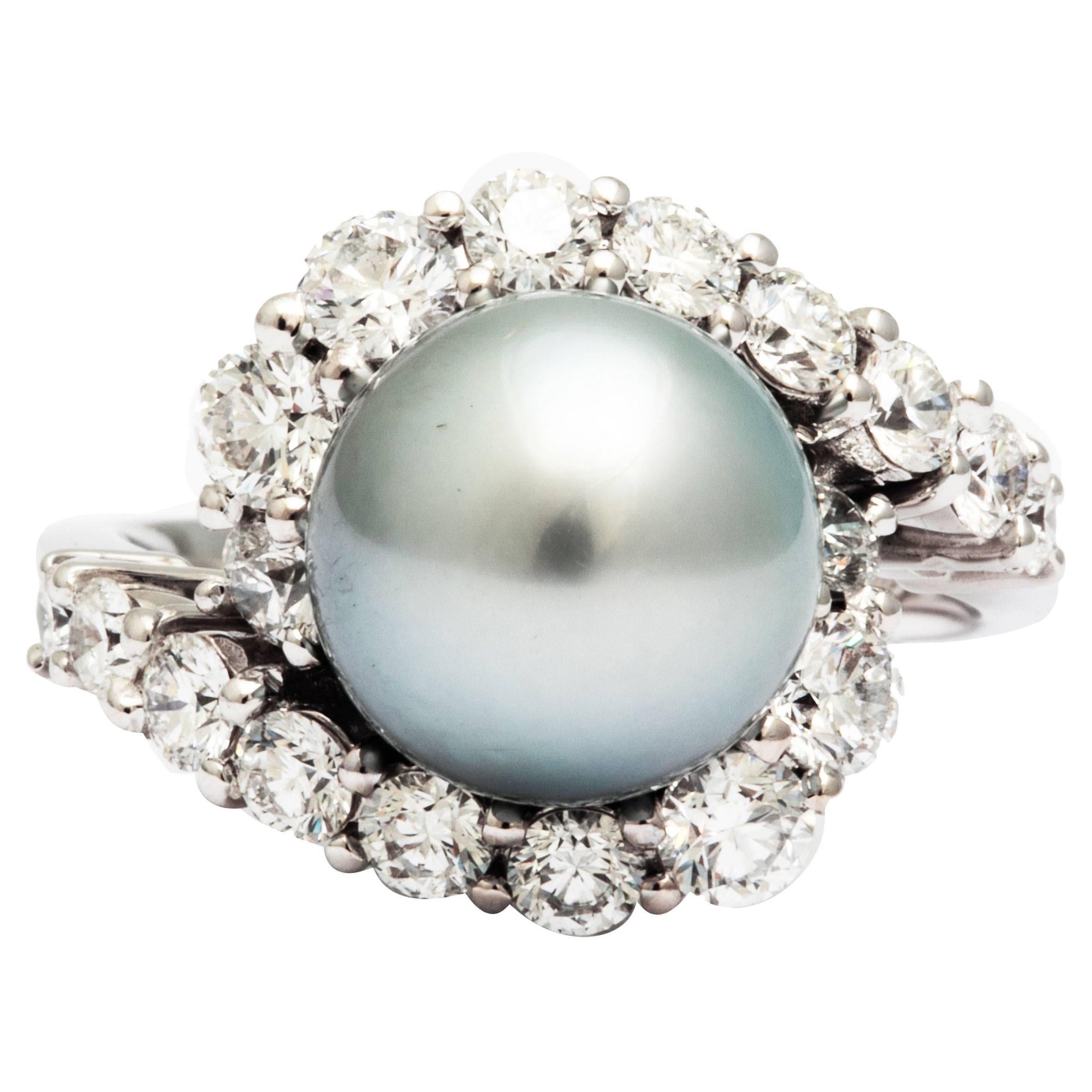 1.72 Karat Diamant und silbergrauer Tahiti-Perlen-Diamantenring aus 18 Karat Gold
