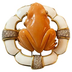 David Webb Diamond, Coral & White Enamel Frog Brooch