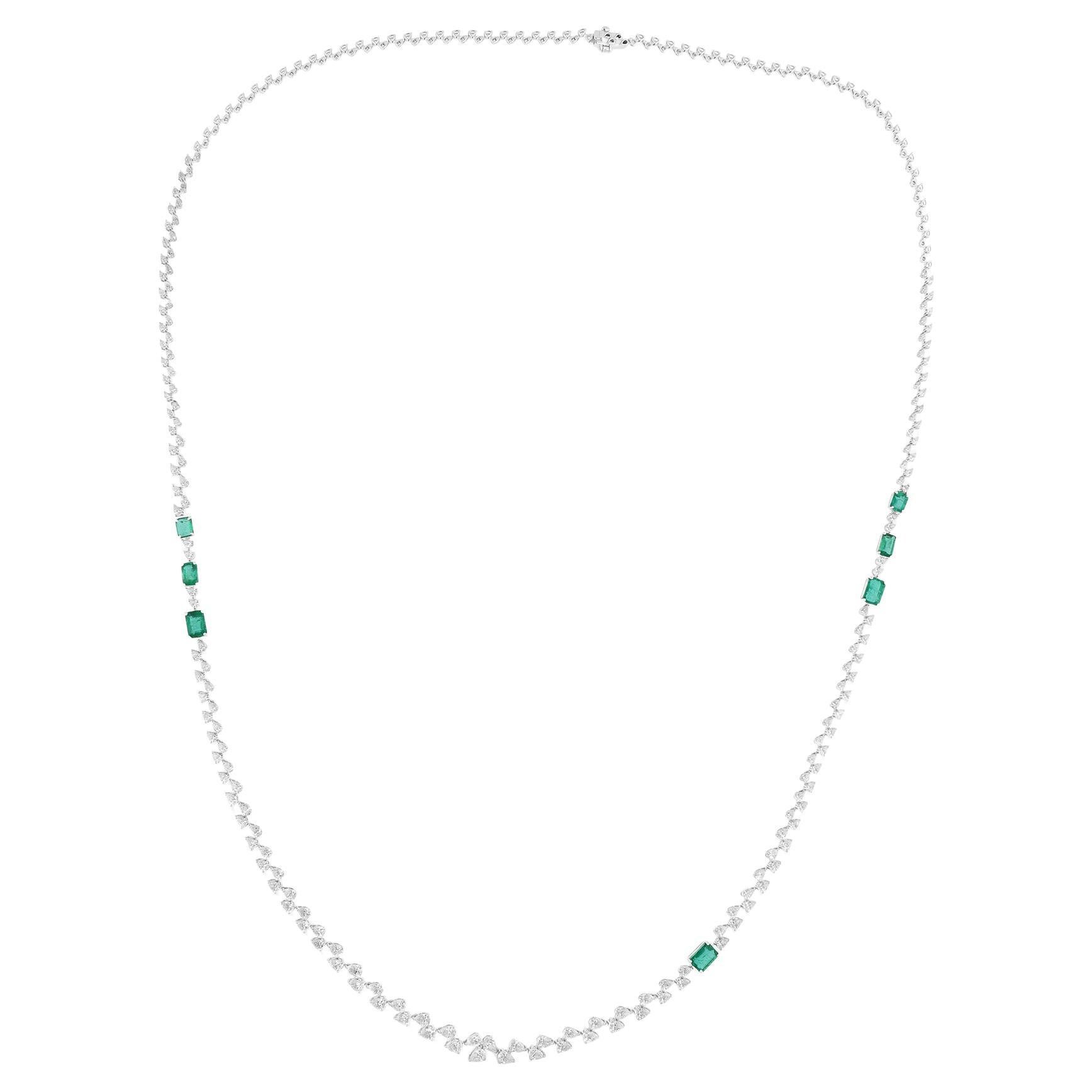 Real Zambian Emerald Gemstone Necklace SI/H Diamond 14 Karat White Gold Jewelry For Sale