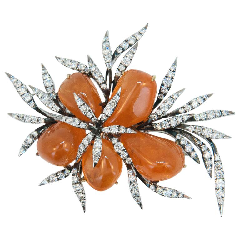 Laura Munder Mandarin Garnet Diamond Gold Brooch For Sale