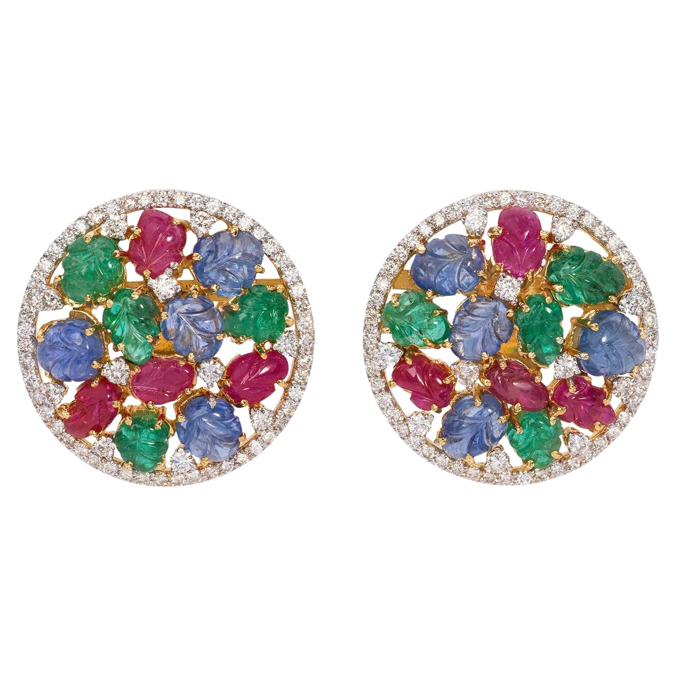 7 Carat Sapphire, Emerald, Ruby and 5 Carat Diamond 18K Gold Earrings