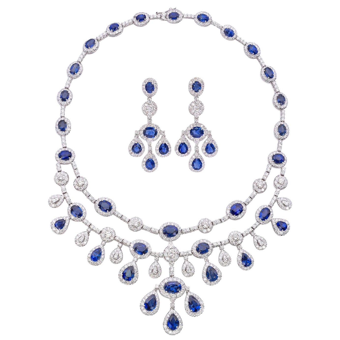 Sapphire Starlight Necklace Set - Unheated Blue Sapphire & Diamond Earrings Set